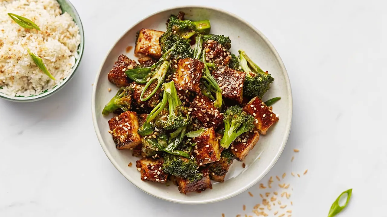 Perfectly seared Sesame Tofu With Broccoli served professional style