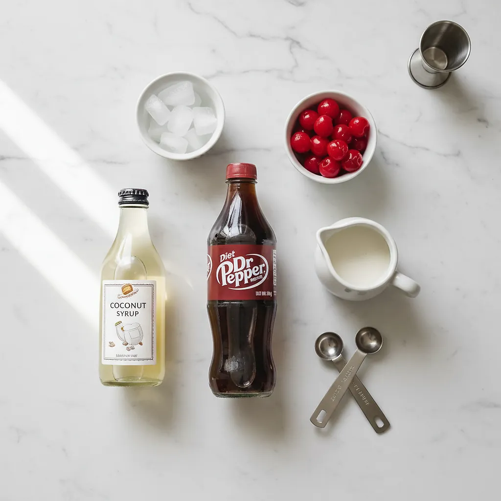 Dirty Dr Pepper 2 Dirty Dr Pepper ingredients organized for rapid prep on a dark wood board