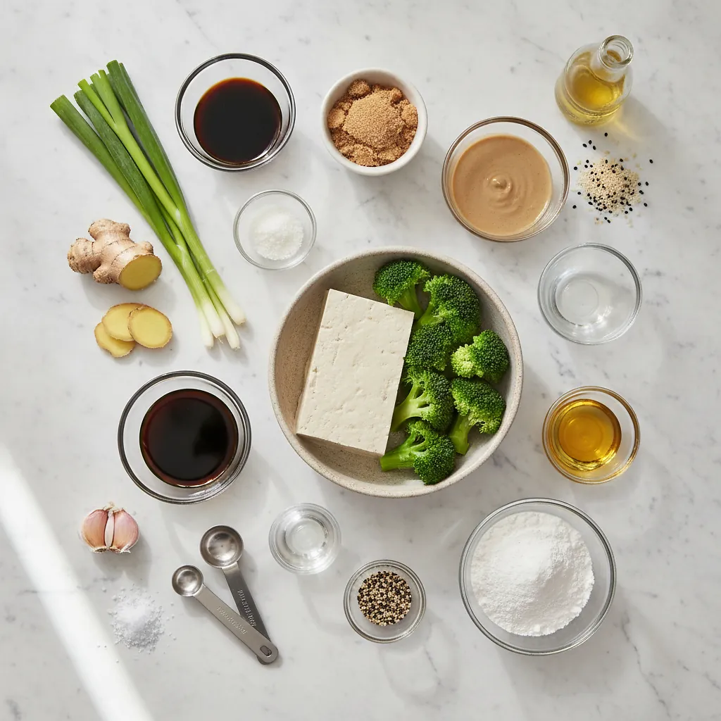 Sesame Tofu With Broccoli ingredients organized for rapid prep on a dark wood board