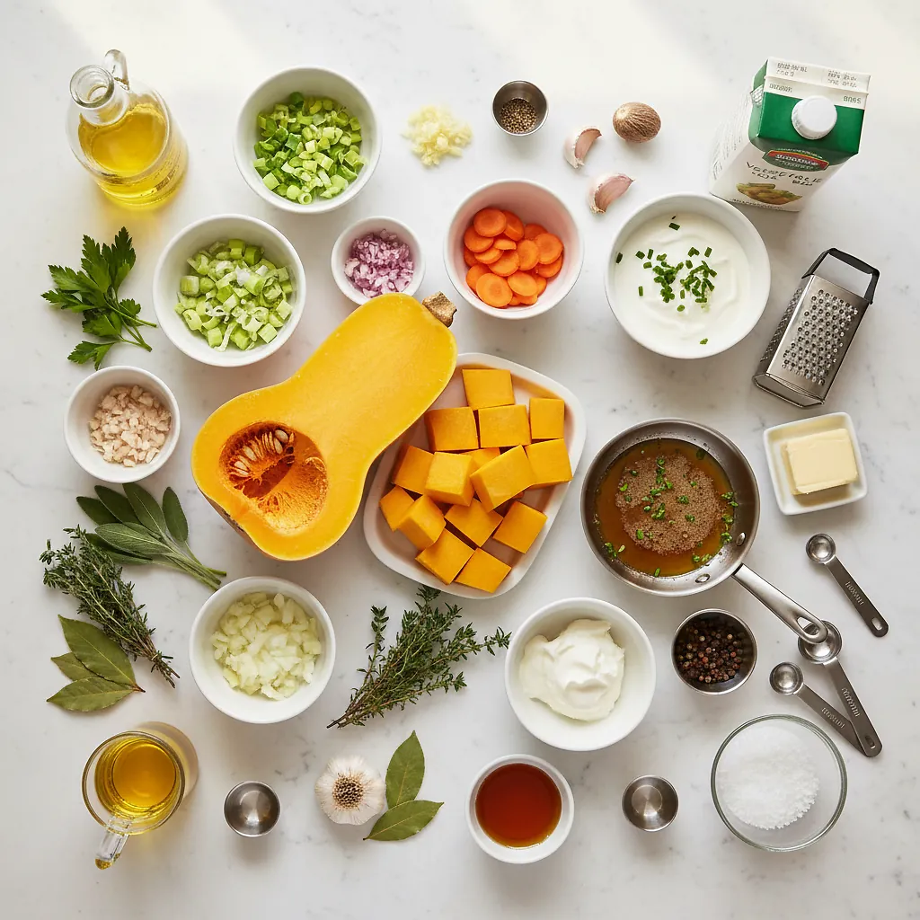 Thomas Keller’s Butternut Squash Soup With Brown Butter ingredients organized for rapid prep on a dark wood board