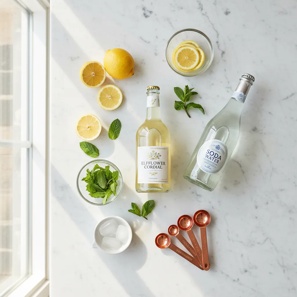 Hugo Spritz Mocktail ingredients organized for rapid prep on a dark wood board