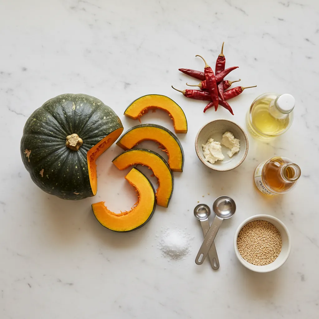 Sake-Steamed Kabocha Squash With White Miso ingredients organized for rapid prep on a dark wood board