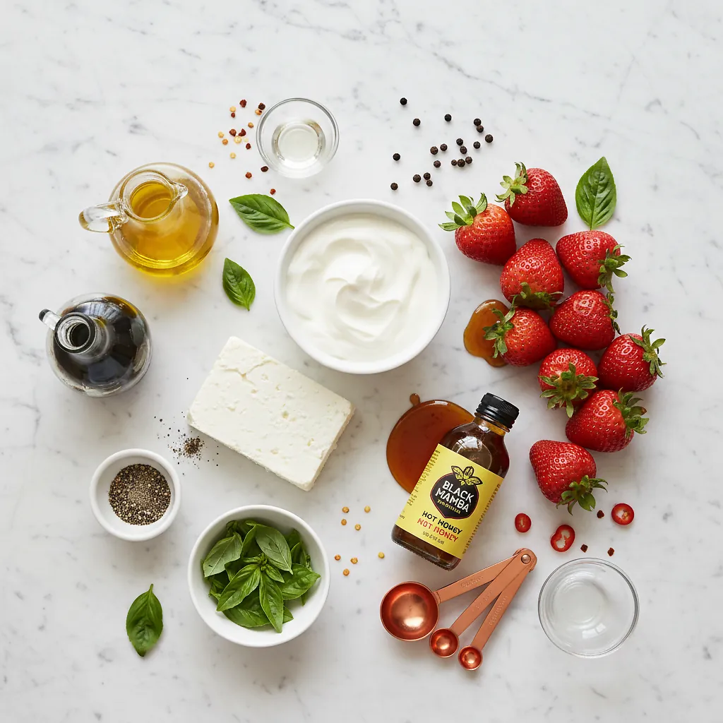 Whipped Feta with Hot Honey Roasted Strawberries ingredients organized for rapid prep on a dark wood board