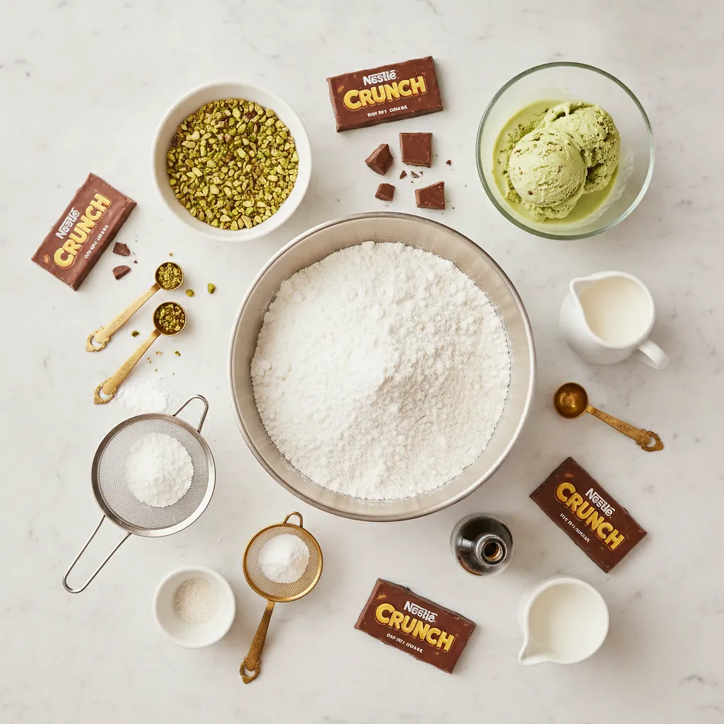 Dubai Chocolate Cake ingredients organized for rapid prep on a dark wood board