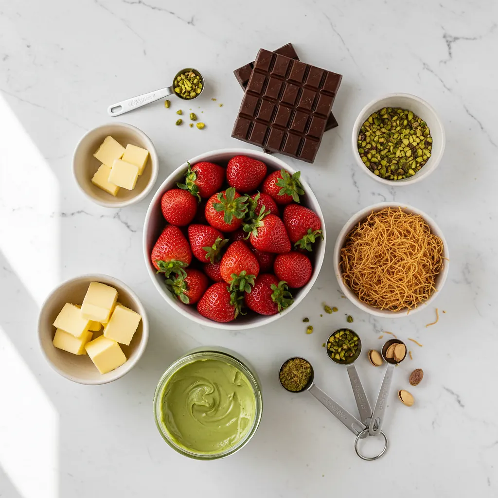 Dubai Chocolate Strawberry Cups ingredients organized for rapid prep on a dark wood board