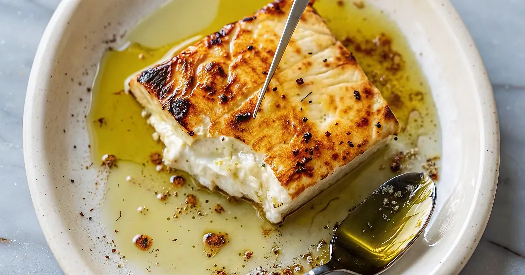 Perfectly seared Baked Feta With Honey served professional style