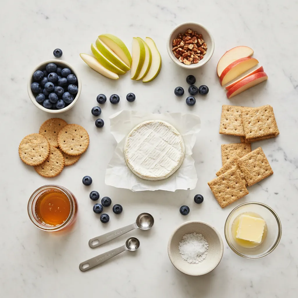 Blueberry Baked Brie ingredients organized for rapid prep on a dark wood board
