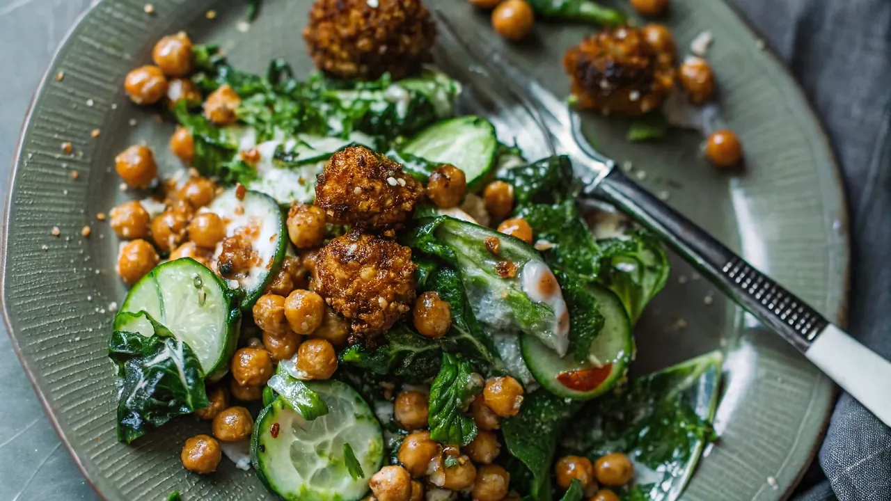 Perfectly seared Deconstructed Falafel Salad served professional style