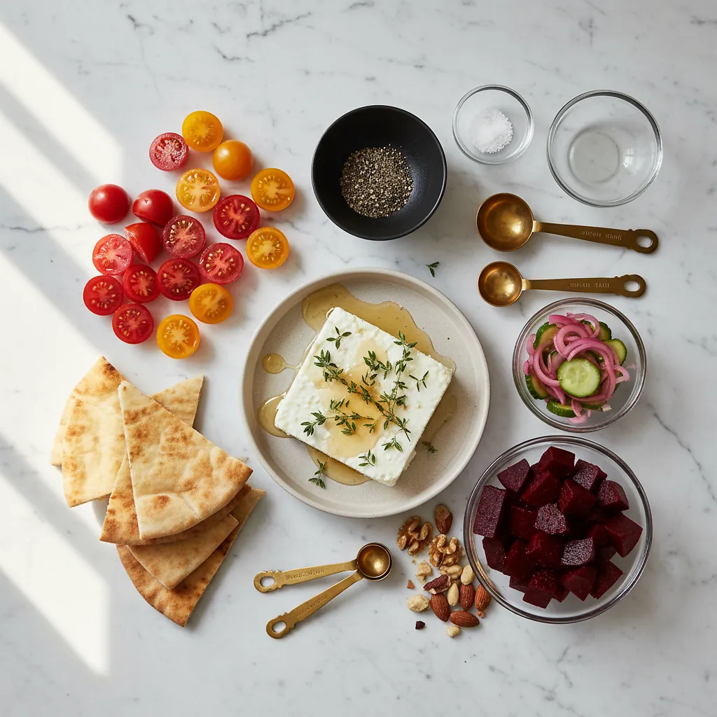 Baked Feta With Honey ingredients organized for rapid prep on a dark wood board
