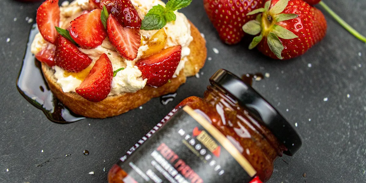 Perfectly seared Whipped Feta with Hot Honey Roasted Strawberries served professional style