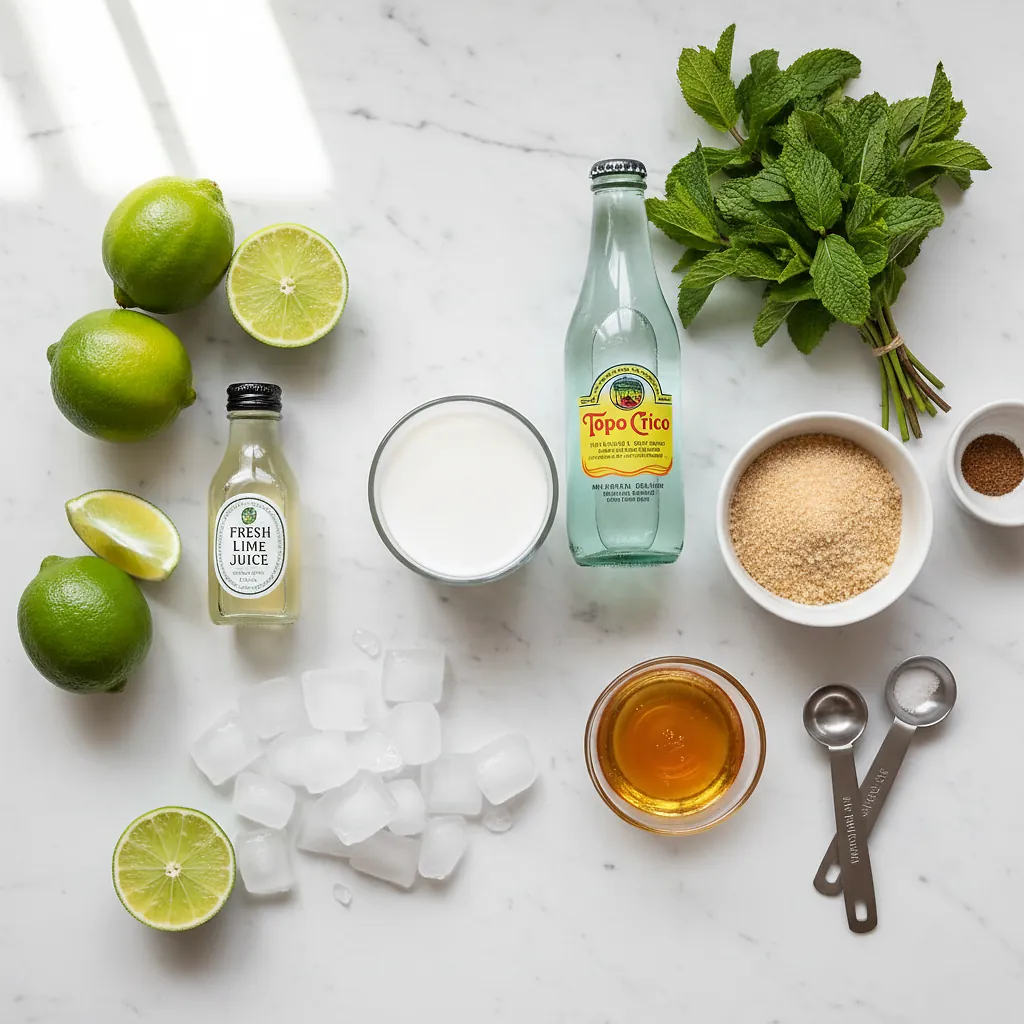 Coconut Lime Fizz Cooler ingredients organized for rapid prep on a dark wood board