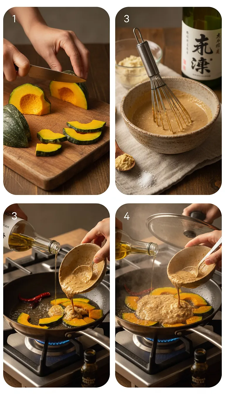 Step-by-Step High Heat Execution for Sake-Steamed Kabocha Squash With White Miso