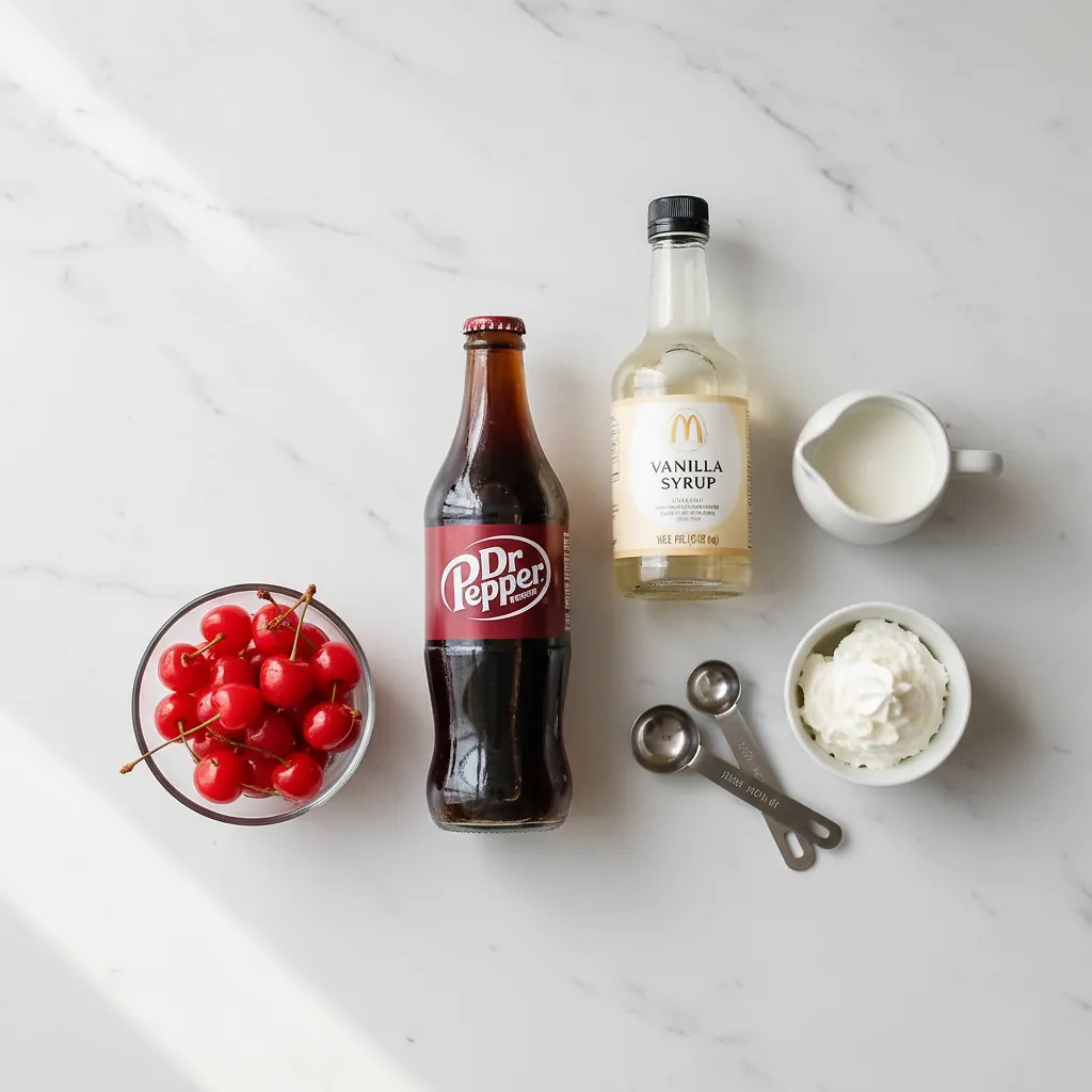 Copycat McDonald's Dirty Dr Pepper ingredients organized for rapid prep on a dark wood board