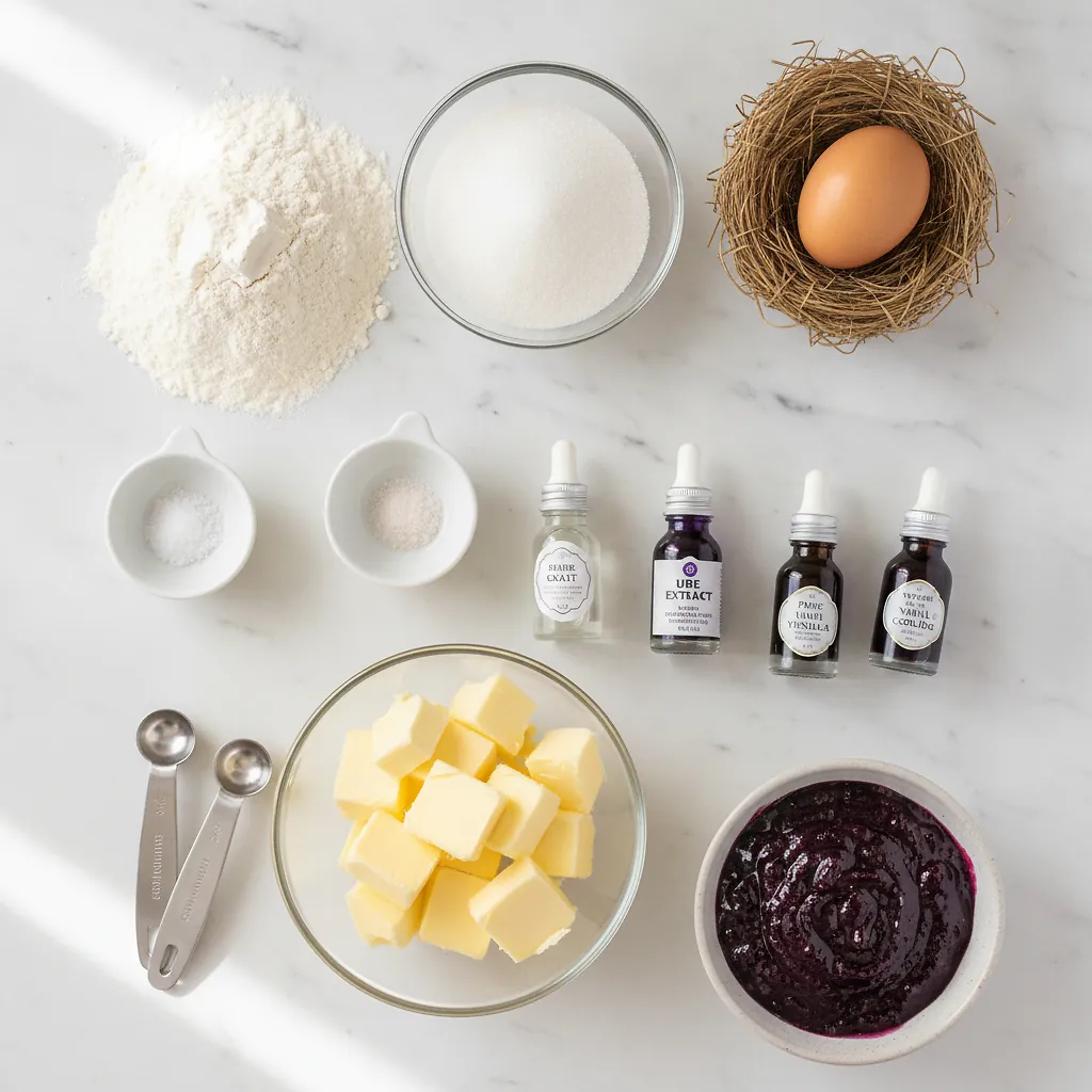 Ube Crinkle Cookies ingredients organized for rapid prep on a dark wood board