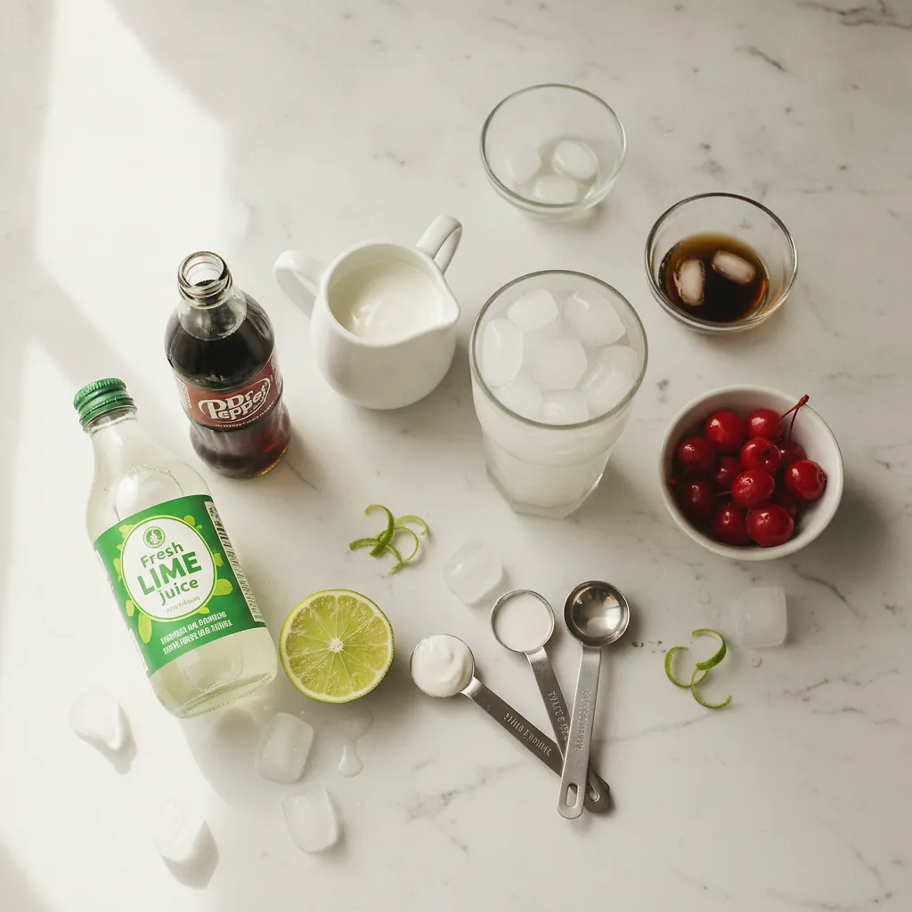 Dirty Soda ingredients organized for rapid prep on a dark wood board