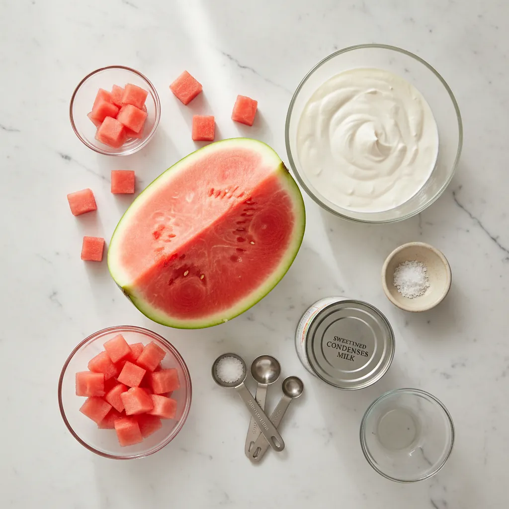 Homemade Watermelon Ice Cream (No-Churn Recipe!) ingredients organized for rapid prep on a dark wood board