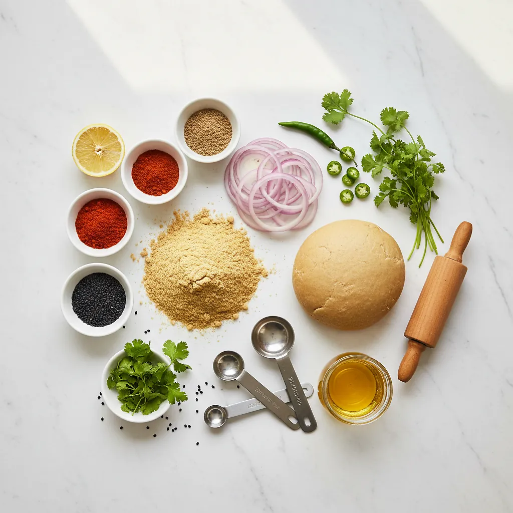 राजस्थानी बेसन प्याज पराठा: Perfect Crispy 30-Minute Recipe 2 राजस्थानी बेसन प्याज पराठा ingredients organized for rapid prep on a dark wood board