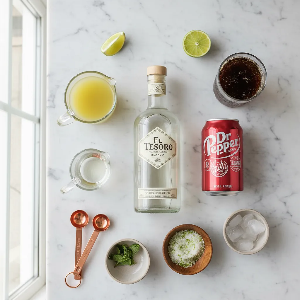 Dr. Pepper Margarita ingredients organized for rapid prep on a dark wood board