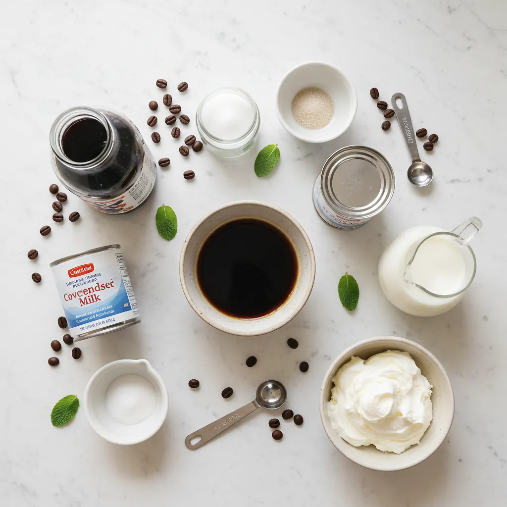 Japanese Coffee Jelly ingredients organized for rapid prep on a dark wood board