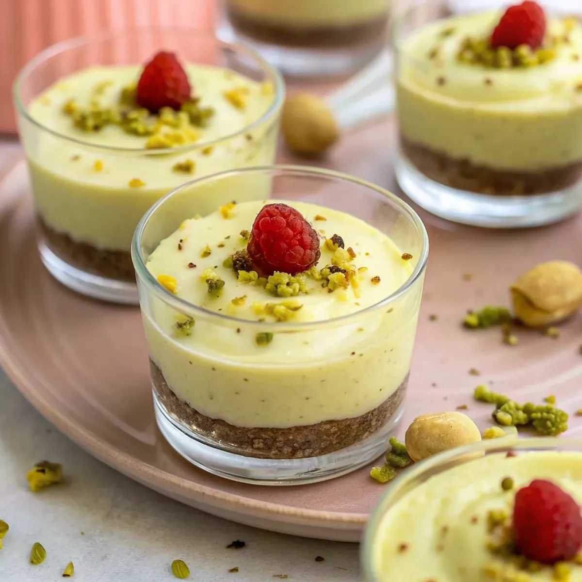 No Bake Pistachio Cheesecake Cups – Perfect 30-Min Dessert 4 Perfectly seared No Bake Pistachio Cheesecake Cups served professional style