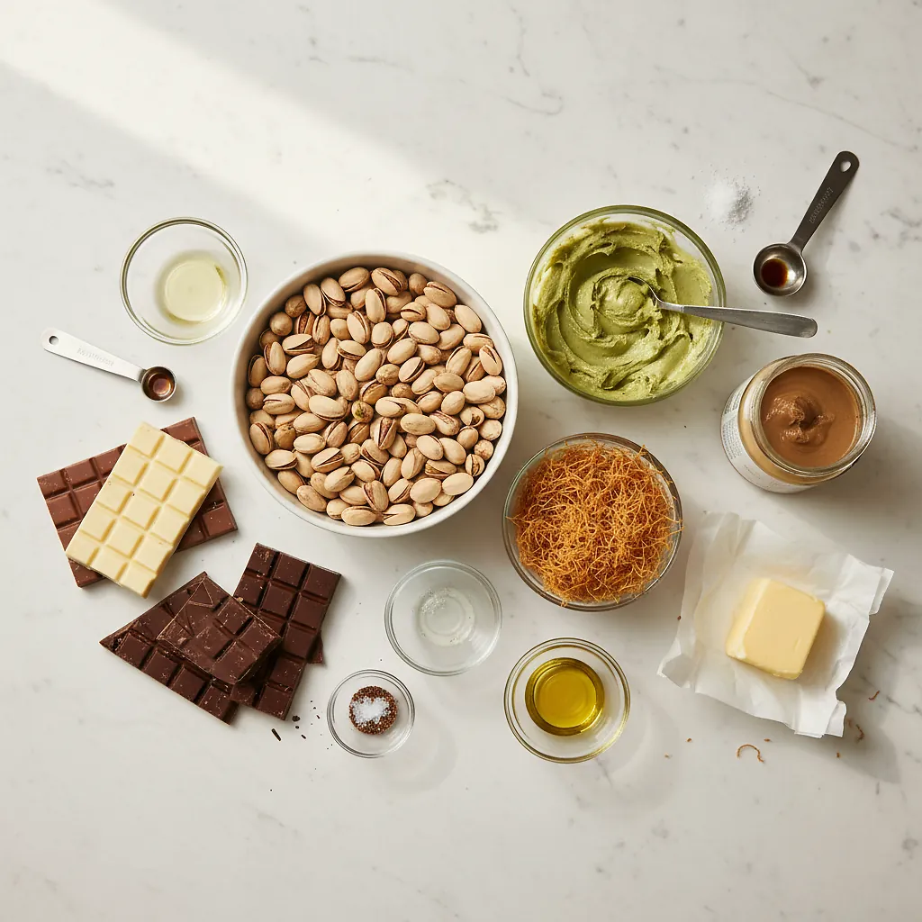 Dubai Chocolate Bar Recipe with Pistachio Cream and Kataifi ingredients organized for rapid prep on a dark wood board