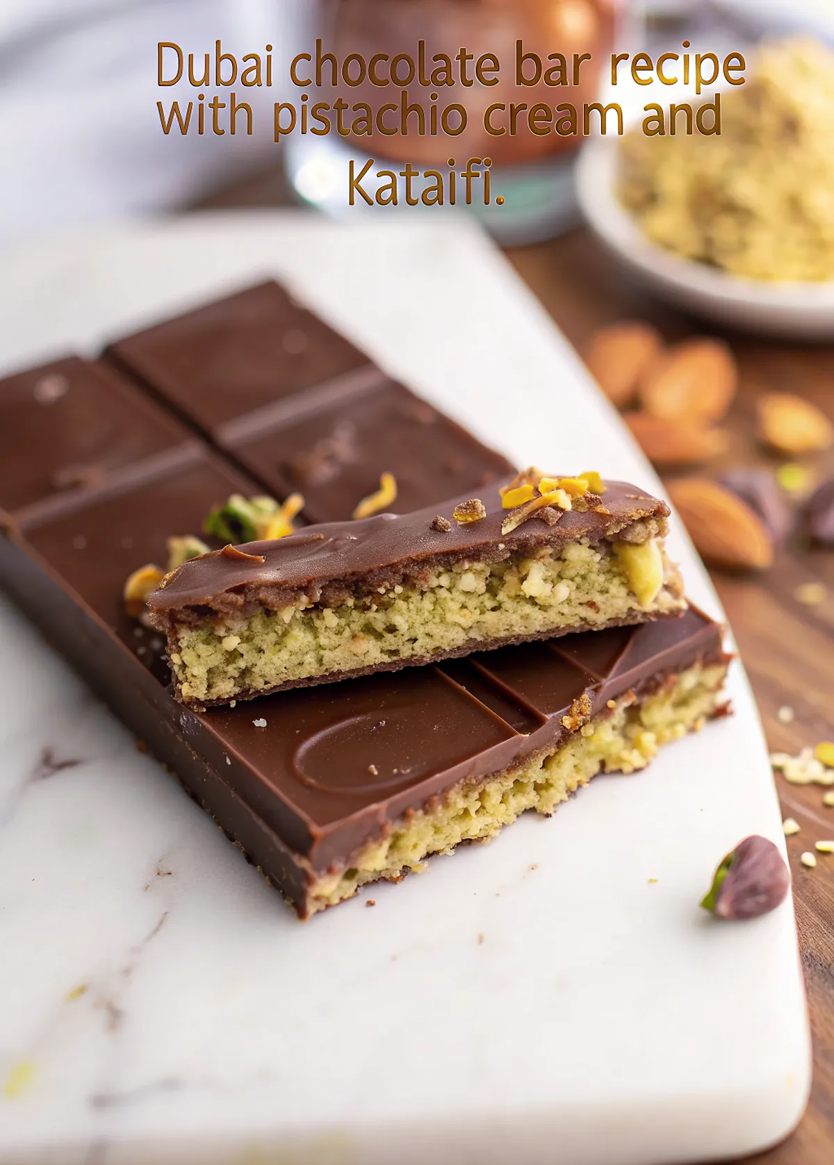 Perfectly seared Dubai Chocolate Bar Recipe with Pistachio Cream and Kataifi served professional style